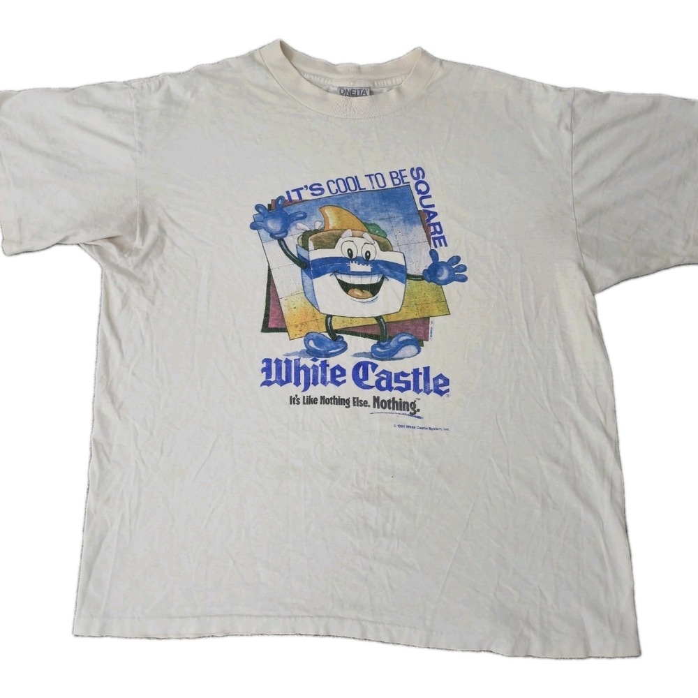 Mens Vintage 1991 White Castle It's Cool To Be Square T Shirt Size XL White